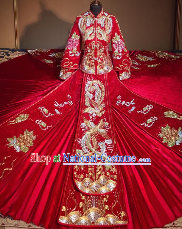 Chinese Traditional Drilling Red Xiu He Suit Embroidered Phoenix Wedding Dress Ancient Bride Costumes for Women