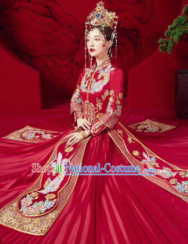 Chinese Traditional Drilling Peony Red Xiu He Suit Embroidered Phoenix Wedding Dress Ancient Bride Costumes for Women