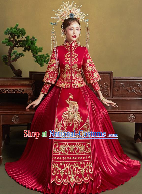 Chinese Traditional Red Xiu He Suit Embroidered Phoenix Wedding Dress Ancient Bride Costumes for Women