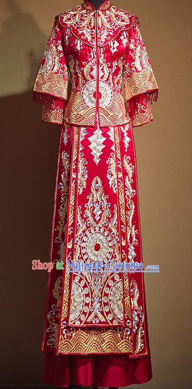 Chinese Traditional Diamante Embroidered Xiu He Suit Ancient Wedding Red Dress Bride Costumes for Women