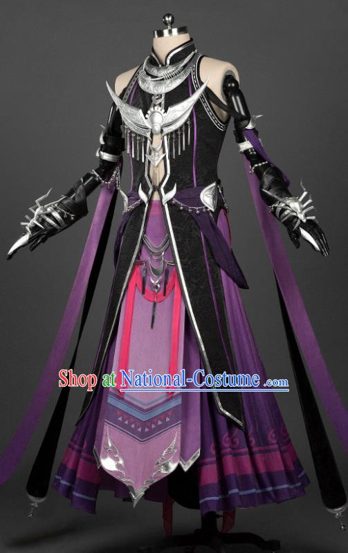 Chinese Traditional Cosplay Swordsman Purple Costumes Ancient Young Knight Clothing for Men