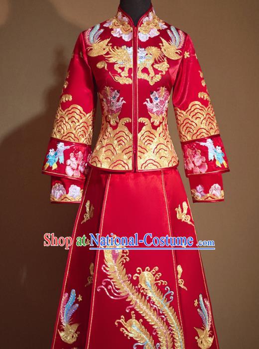 Chinese Traditional Embroidered Playing Boys Red Xiu He Suit Ancient Wedding Dress Bride Costumes for Women