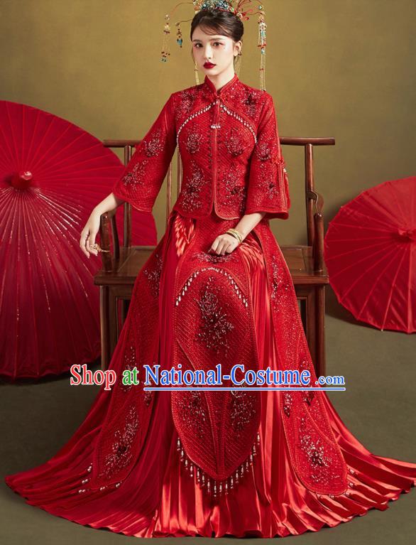 Chinese Traditional Red Xiu He Suit Ancient Wedding Dress Bride Costumes for Women