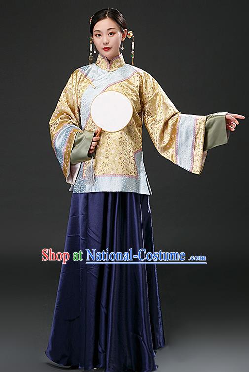 Chinese Ancient Qing Dynasty Patrician Yellow Blouse and Navy Skirt Traditional Nobility Concubine Costumes for Women