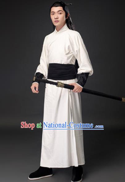 Chinese Ancient Swordsman White Clothing Traditional Three Kingdoms Period Sun Quan Costumes for Men