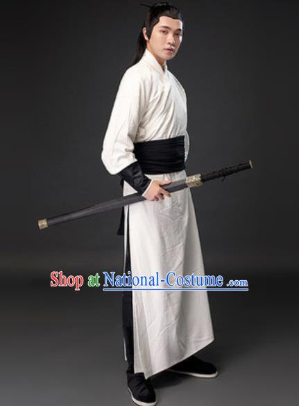 Chinese Ancient Swordsman White Clothing Traditional Three Kingdoms Period Sun Quan Costumes for Men