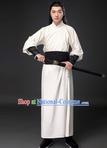 Chinese Ancient Swordsman White Clothing Traditional Three Kingdoms Period Sun Quan Costumes for Men