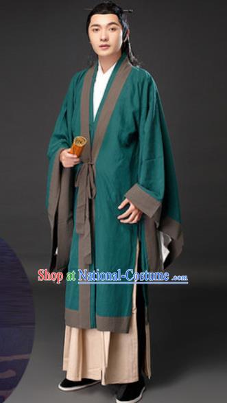 Chinese Ancient Taoist Priest Green Clothing Traditional Tang Dynasty Civilian Scholar Costumes for Men