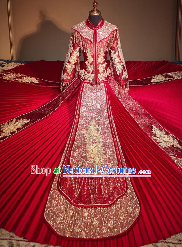 Chinese Traditional Wedding Xiu He Suit Embroidered Red Dress Ancient Bride Costumes for Women