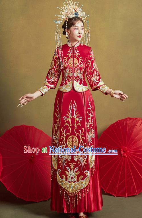 Chinese Traditional Wedding Drilling Xiu He Suit Embroidered Red Dress Ancient Bride Costumes for Women