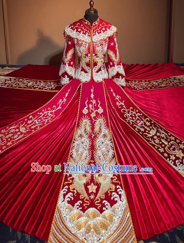 Chinese Traditional Wedding Drilling Xiu He Suit Embroidered Phoenix Red Dress Ancient Bride Costumes for Women