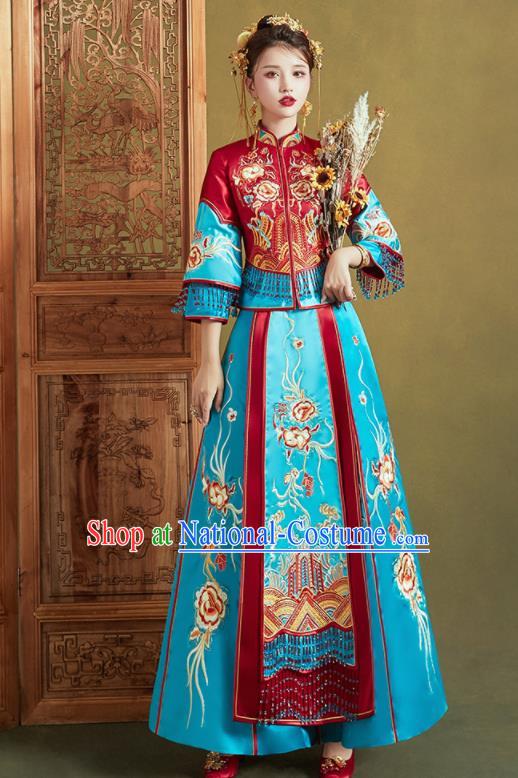 Chinese Traditional Wedding Xiu He Suit Embroidered Blue Dress Ancient Bride Costumes for Women