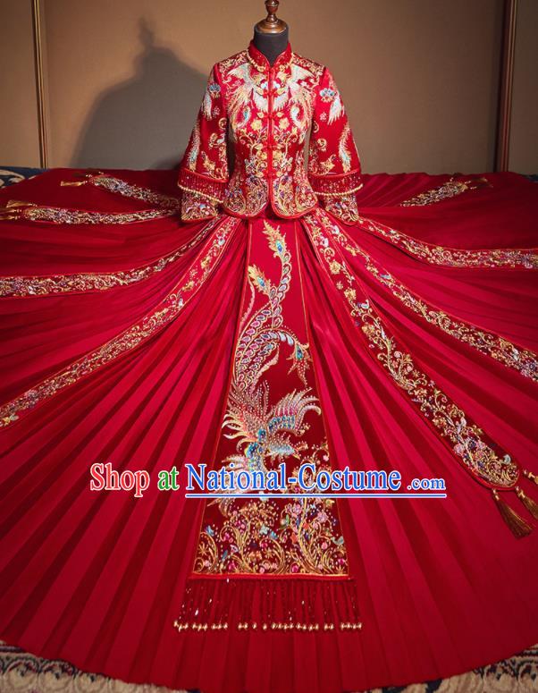 Chinese Traditional Wedding Xiu He Suit Embroidered Phoenix Jacket and Dress Ancient Bride Costumes for Women