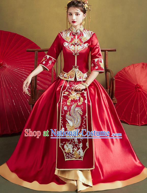 Chinese Traditional Wedding Xiu He Suit Embroidered Phoenix Red Jacket and Dress Ancient Bride Costumes for Women