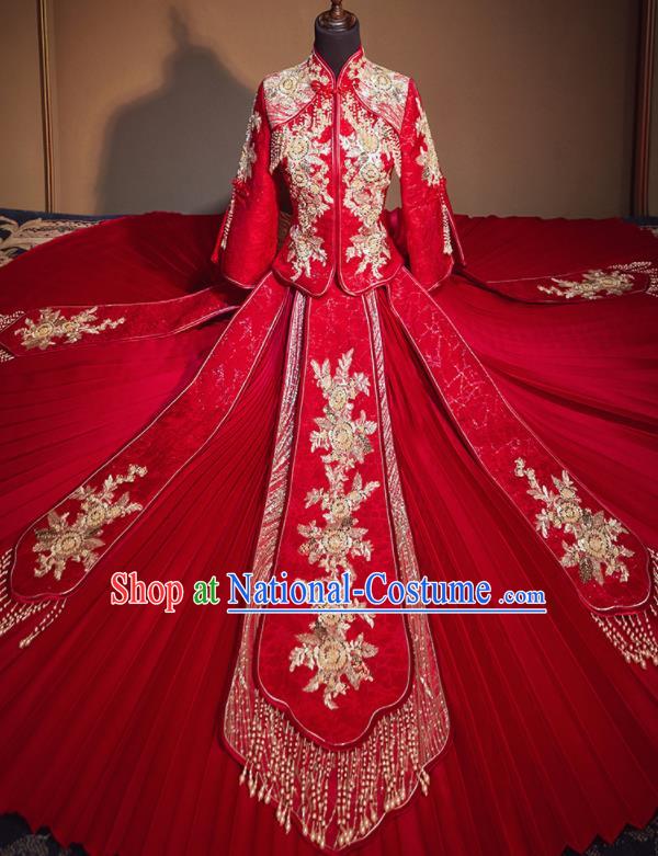 Chinese Traditional Wedding Xiu He Suit Embroidered Flowers Red Jacket and Dress Ancient Bride Costumes for Women