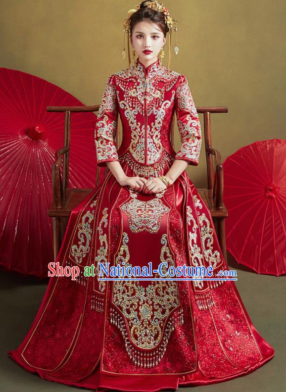 Chinese Traditional Wedding Xiu He Suit Embroidered Drilling Red Jacket and Dress Ancient Bride Costumes for Women