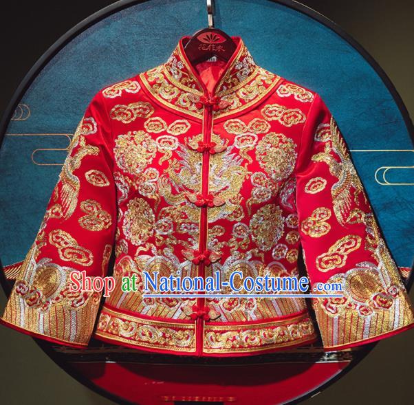 Chinese Traditional Wedding Xiu He Suit Embroidered Dragon Red Jacket and Dress Ancient Bride Costumes for Women