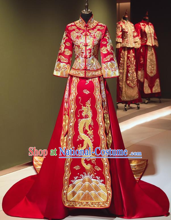 Chinese Traditional Wedding Xiu He Suit Embroidered Dragon Red Jacket and Dress Ancient Bride Costumes for Women