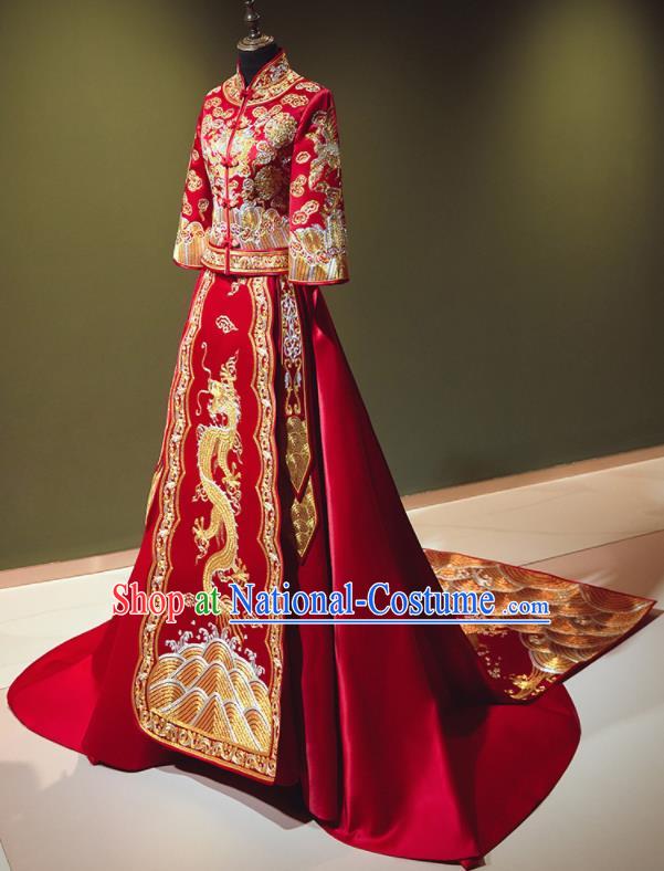 Chinese Traditional Wedding Xiu He Suit Embroidered Dragon Red Jacket and Dress Ancient Bride Costumes for Women