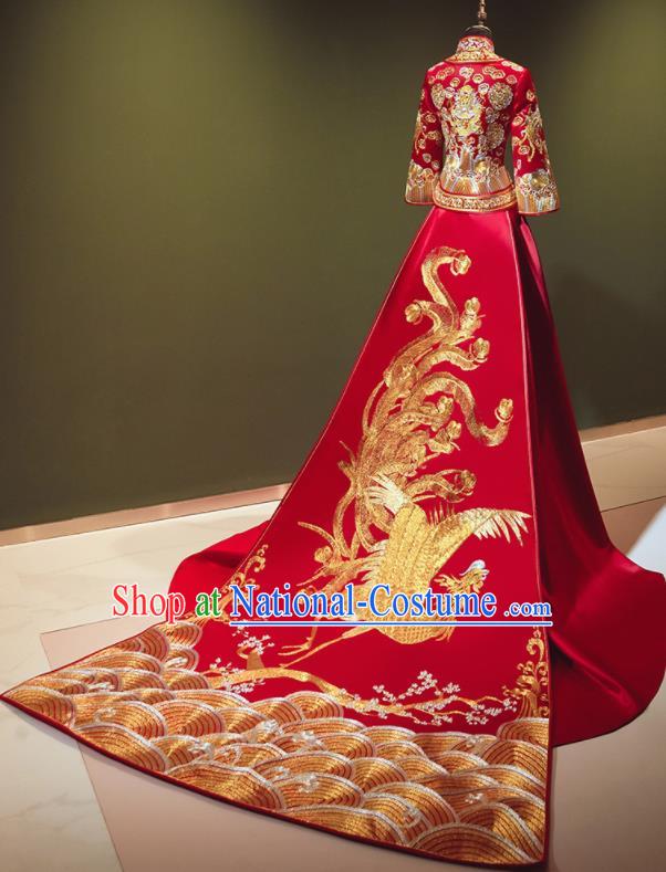 Chinese Traditional Wedding Xiu He Suit Embroidered Dragon Red Jacket and Dress Ancient Bride Costumes for Women