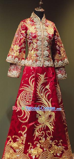 Chinese Traditional Wedding Xiu He Suit Embroidered Drilling Phoenix Red Jacket and Dress Ancient Bride Costumes for Women