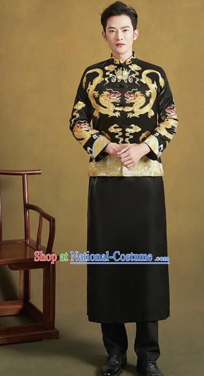 Chinese Ancient Bridegroom Embroidered Black Mandarin Jacket and Long Gown Traditional Wedding Tang Suit Costumes for Men