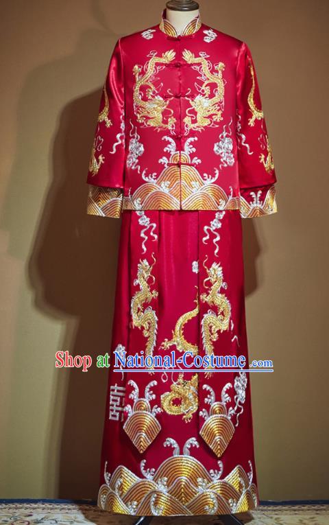 Chinese Ancient Bridegroom Embroidered Dragon Red Mandarin Jacket and Long Gown Traditional Wedding Tang Suit Costumes for Men