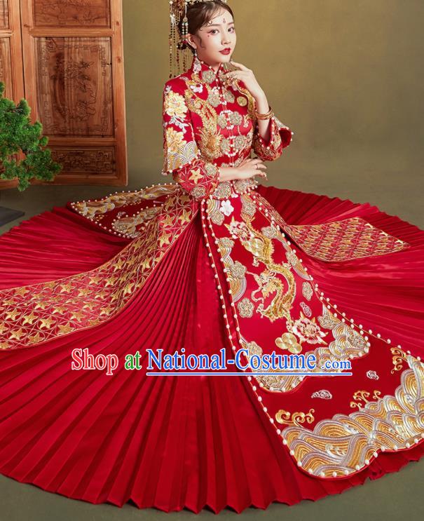 Chinese Traditional Wedding Xiu He Suit Embroidered Dragon Peony Red Blouse and Dress Ancient Bride Costumes for Women