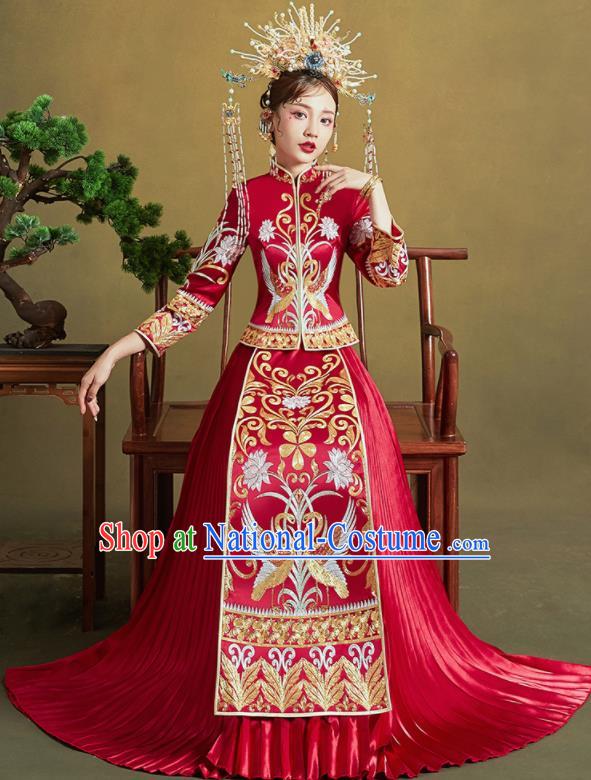 Chinese Traditional Wedding Xiu He Suit Embroidered Swan Peony Red Blouse and Dress Ancient Bride Costumes for Women