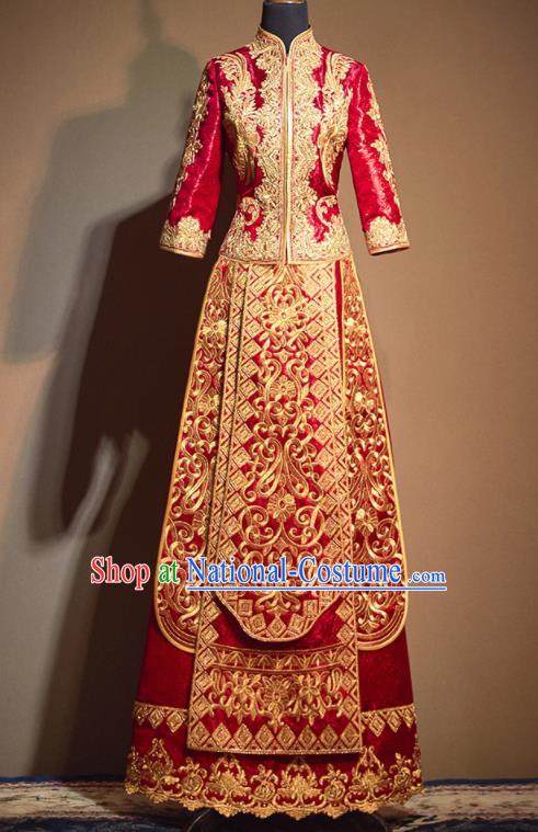 Chinese Traditional Wedding Embroidered Flowers Xiu He Suit Red Blouse and Dress Ancient Bride Costumes for Women