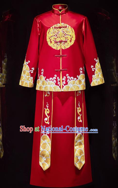 Chinese Ancient Bridegroom Embroidered Red Mandarin Jacket and Long Gown Traditional Wedding Tang Suit Costumes for Men