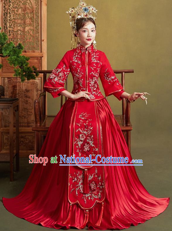 Chinese Traditional Wedding Xiu He Suit Embroidered Peony Red Blouse and Dress Ancient Bride Costumes for Women