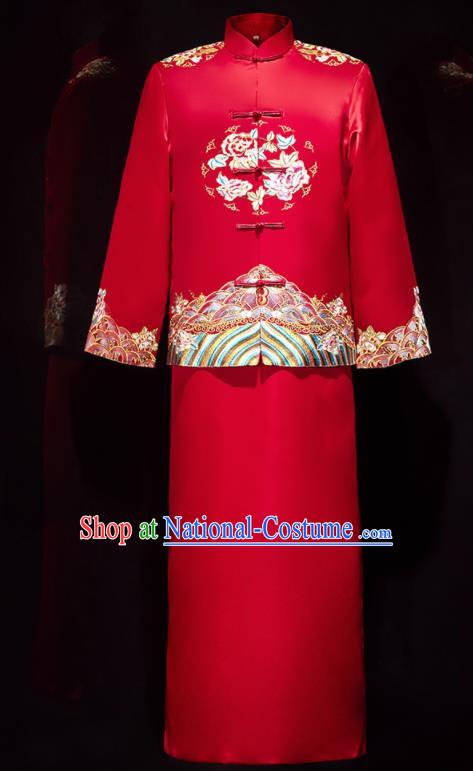 Chinese Ancient Bridegroom Embroidered Peony Red Mandarin Jacket and Long Gown Traditional Wedding Tang Suit Costumes for Men