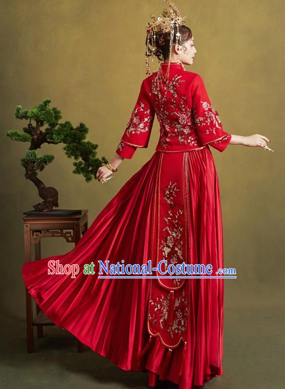 Chinese Traditional Wedding Xiu He Suit Embroidered Peony Red Blouse and Dress Ancient Bride Costumes for Women