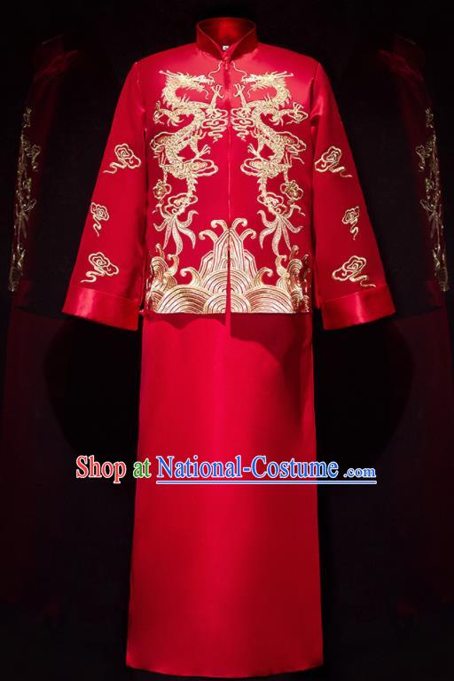 Chinese Ancient Bridegroom Embroidered Dragons Red Mandarin Jacket and Long Gown Traditional Wedding Tang Suit Costumes for Men