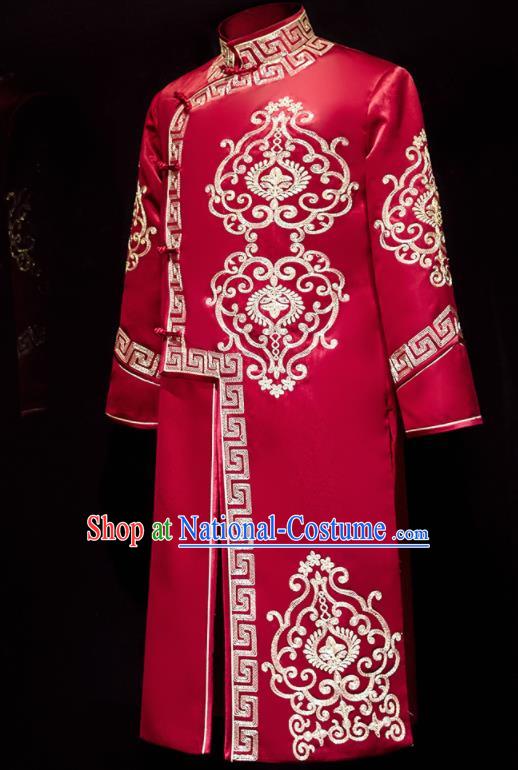 Chinese Ancient Bridegroom Embroidered Red Long Gown Traditional Wedding Tang Suit Costumes for Men