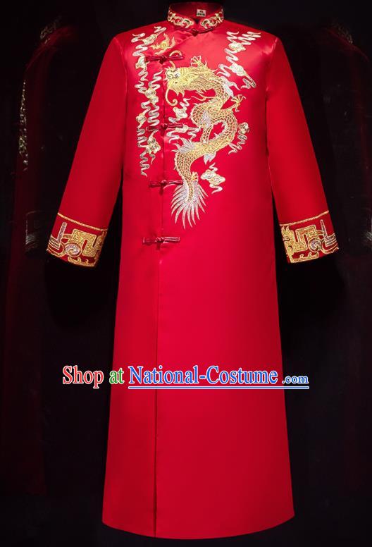 Chinese Ancient Bridegroom Embroidered Dragon Red Long Gown Traditional Wedding Tang Suit Costumes for Men