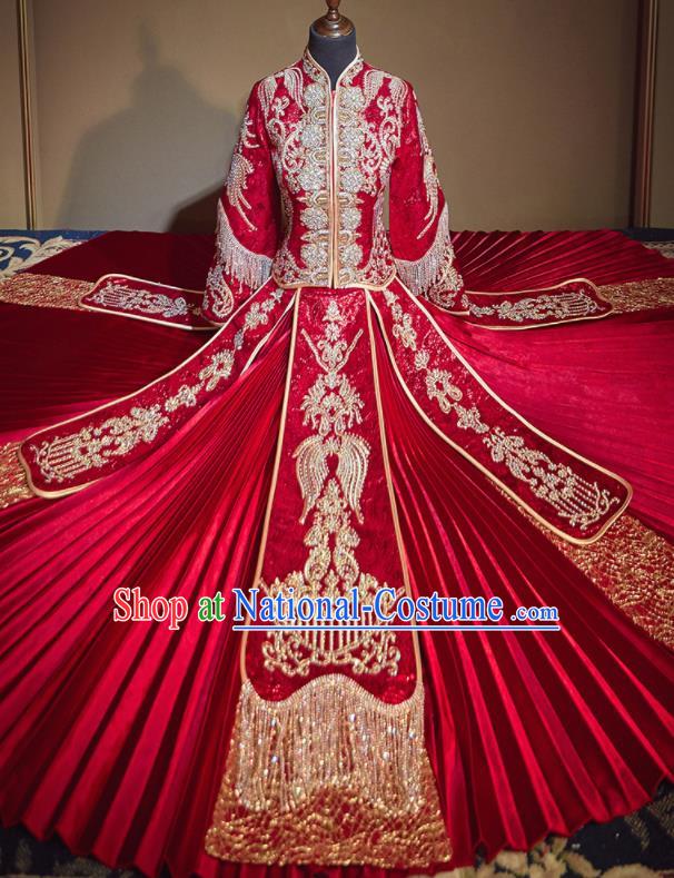 Chinese Traditional Wedding Embroidered Drilling Xiu He Suit Red Blouse and Dress Ancient Bride Costumes for Women