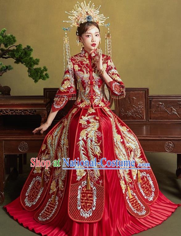 Chinese Traditional Wedding Embroidered Phoenix Drilling Xiu He Suit Red Blouse and Dress Ancient Bride Costumes for Women