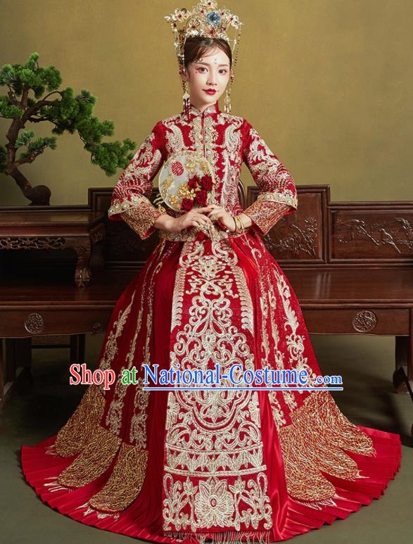 Chinese Traditional Wedding Drilling Xiu He Suit Embroidered Red Blouse and Dress Ancient Bride Costumes for Women