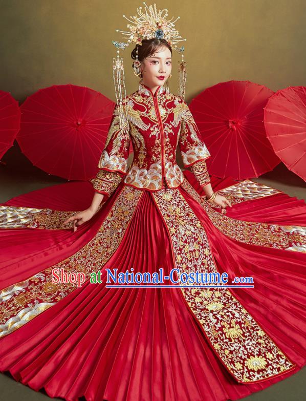 Chinese Traditional Wedding Embroidered Phoenix Lotus Xiu He Suit Red Blouse and Dress Ancient Bride Costumes for Women