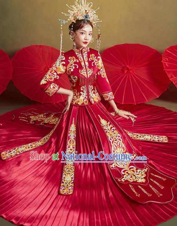 Chinese Traditional Wedding Embroidered Tassel Xiu He Suit Red Blouse and Dress Ancient Bride Costumes for Women