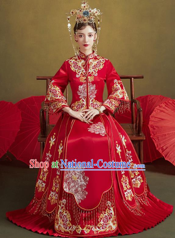 Chinese Traditional Embroidered Wedding Xiu He Suit Red Blouse and Dress Ancient Bride Costumes for Women