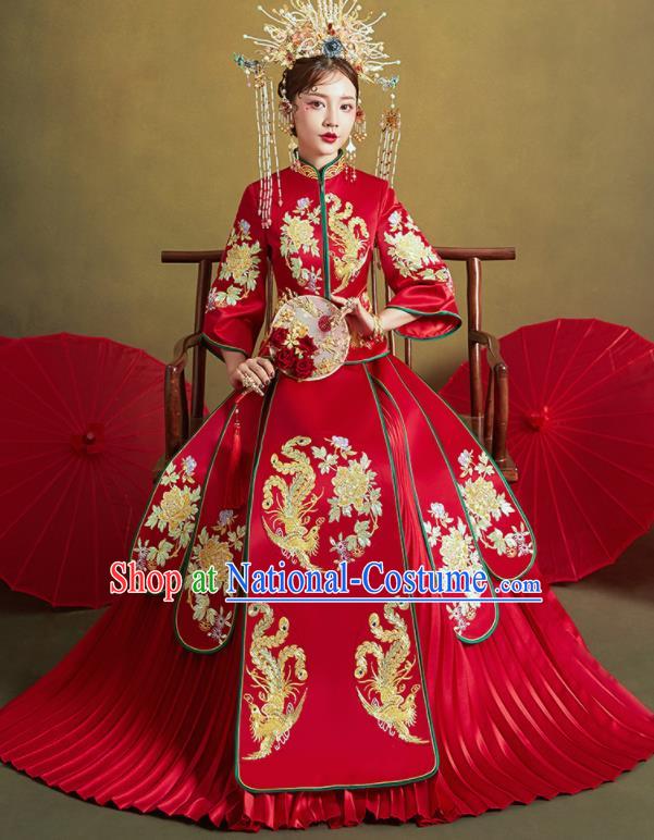 Chinese Traditional Embroidered Phoenix Peony Wedding Xiu He Suit Red Blouse and Dress Ancient Bride Costumes for Women