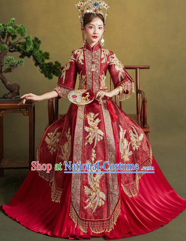 Chinese Traditional Wedding Drilling Xiu He Suit Embroidered Wine Red Blouse and Dress Ancient Bride Costumes for Women