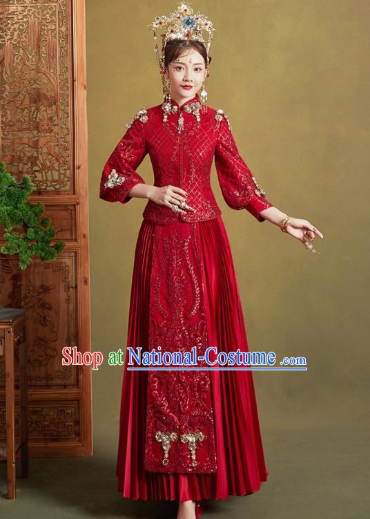 Chinese Traditional Embroidered Wedding Trailing Xiu He Suit Red Blouse and Dress Ancient Bride Costumes for Women