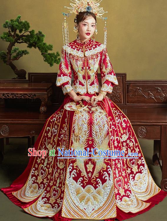 Chinese Traditional Embroidered Phoenix Wedding Xiu He Suit Red Blouse and Dress Ancient Bride Costumes for Women