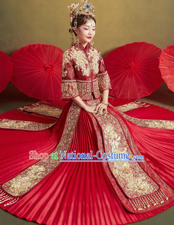 Chinese Traditional Wedding Drilling Xiu He Suit Embroidered Flowers Wine Red Blouse and Dress Ancient Bride Costumes for Women