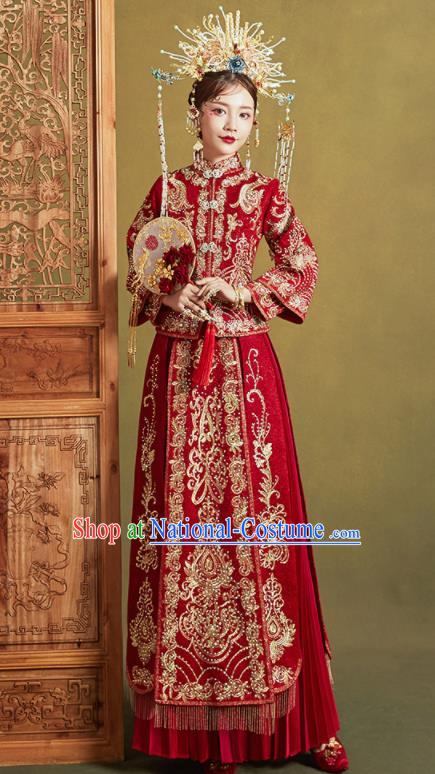 Chinese Traditional Embroidered Wedding Drilling Xiu He Suit Red Blouse and Dress Ancient Bride Costumes for Women