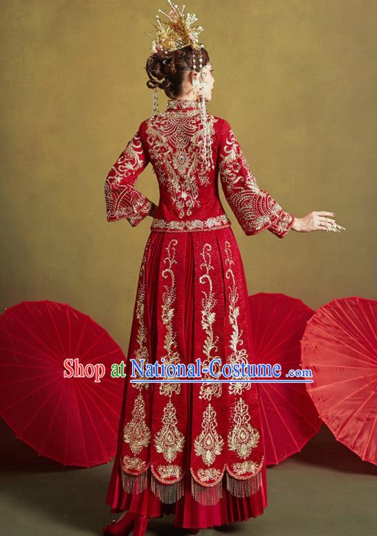 Chinese Traditional Embroidered Wedding Drilling Xiu He Suit Red Blouse and Dress Ancient Bride Costumes for Women